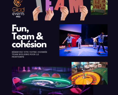 affiche sur fond noir avec des images correspondantes aux team buildinf fun proposés par l'agence évènementielle glad events