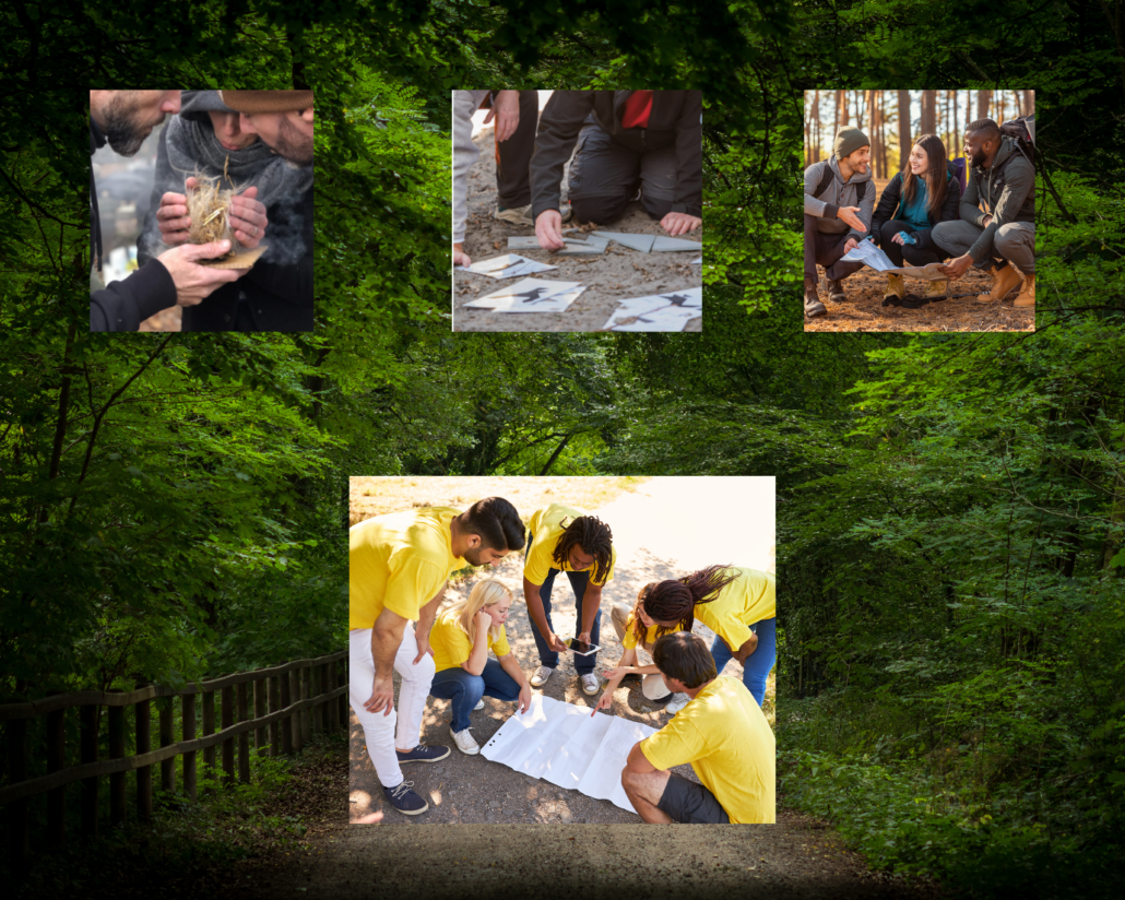 escape game face à la nature avec course d'orientation, allumage de feu avec deux morceaux de bois et autre activités de survie dans les bois