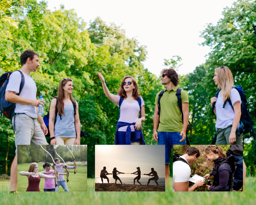 image montrant un groupe d'adultes dans une clairière discutant de la direction à prendre pour se rendre au prochain défit entre tir à l'arc, jeu de la corde et course d'orientation; Un team building Glad events