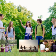 image montrant un groupe d'adultes dans une clairière discutant de la direction à prendre pour se rendre au prochain défit entre tir à l'arc, jeu de la corde et course d'orientation; Un team building Glad events