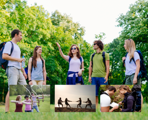 image montrant un groupe d'adultes dans une clairière discutant de la direction à prendre pour se rendre au prochain défit entre tir à l'arc, jeu de la corde et course d'orientation; Un team building Glad events