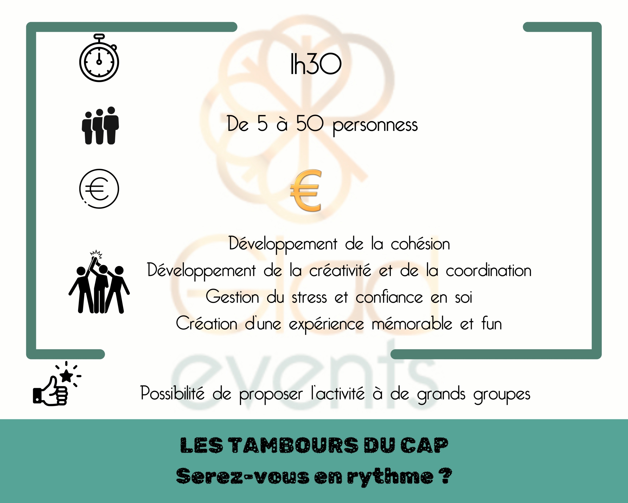 Fiche technique du team building "les tambours du cap" par Glad events. Un team building de percutions brésiliennes proposé par Glad events en Côtes d'Armor