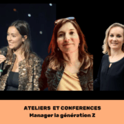 Affiche de Glad events sur fond noir, représentant Cornelia Findensen, Marlène Legay et Elodie Gentina, trois conférencières et trois profils différents pour répondre à management de la génération Z selon Glad events