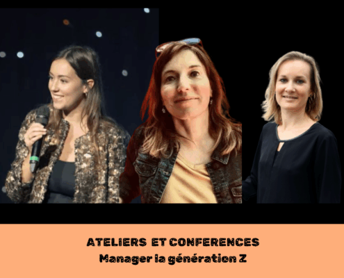 Affiche de Glad events sur fond noir, représentant Cornelia Findensen, Marlène Legay et Elodie Gentina, trois conférencières et trois profils différents pour répondre à management de la génération Z selon Glad events