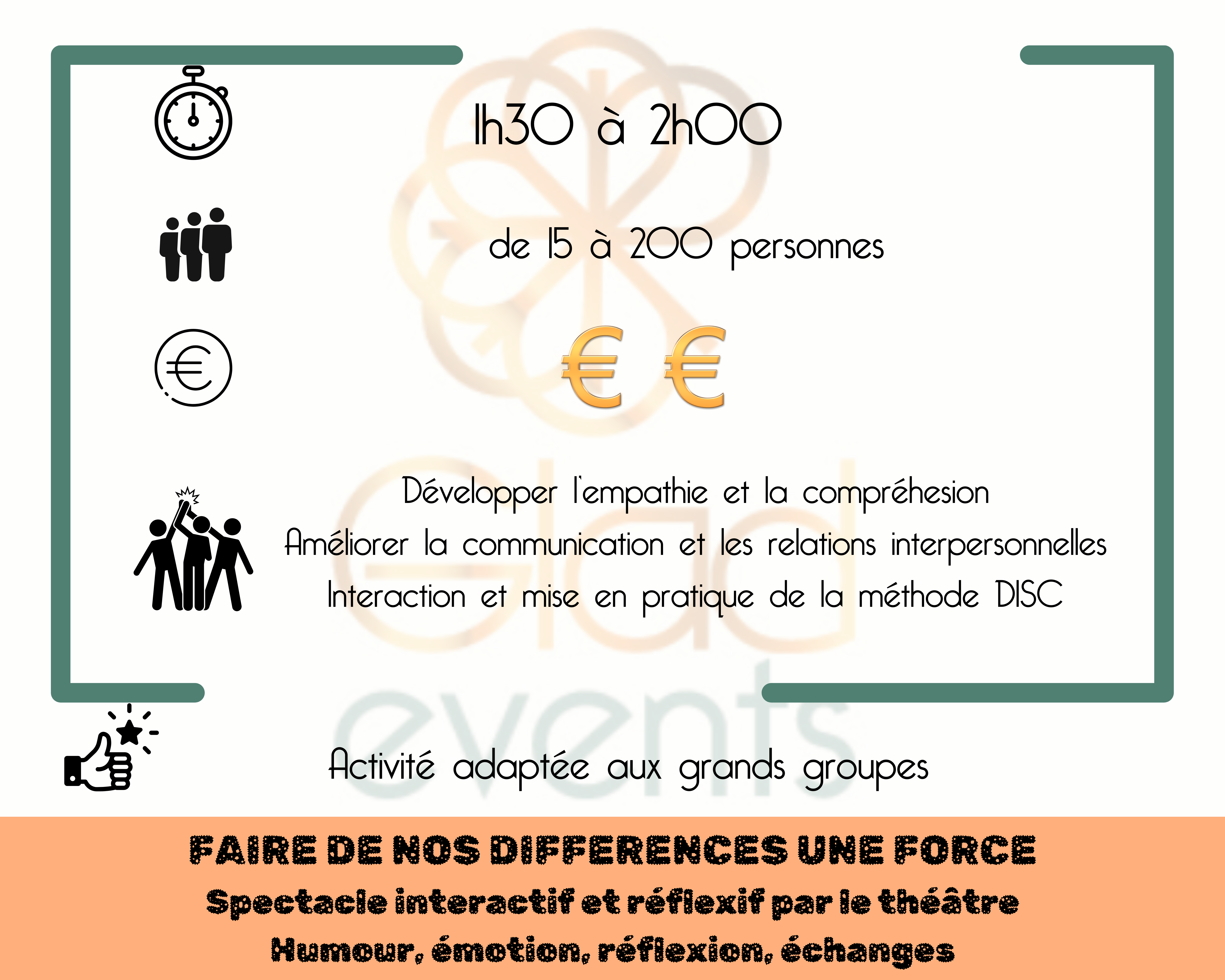 Fiche technique du team building forum théâtre sur la diversité en entreprise selon la méthode DISC, un spectacle plein d'humour et d'interactions par Glad events en Côtes d'Armor