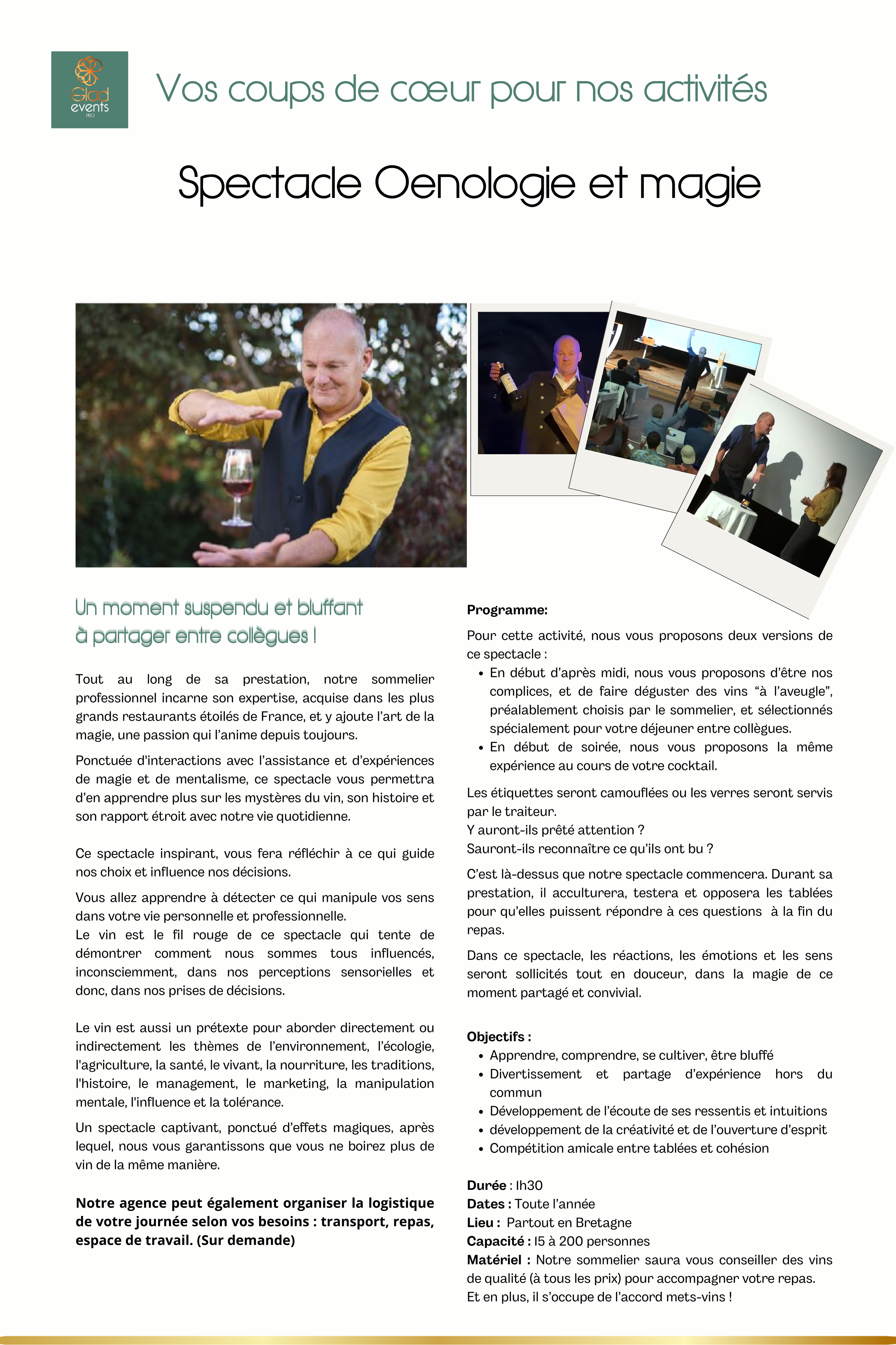Fiche technique spectacle interactif oenologie et magie par Glad events pour vos séminaire et team building