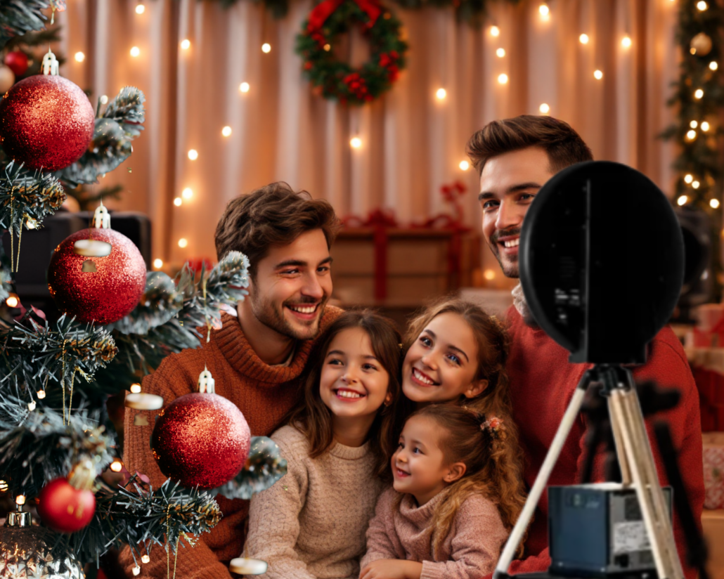 amille souriant devant un photobooth avec un décor de noël en arrière plan - un décor et une prestation proposée par Glad events