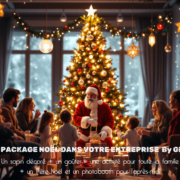 Affiche promotionnelle du package arbre de noël by Glad - Au centre on voit un grand sapin de noël illuminé avec une étoile brillante au sommet. devant l'arbre un père noël distribue des cadeaux à des enfants et les parents sont assis de chaque côtés du sapin en souriant