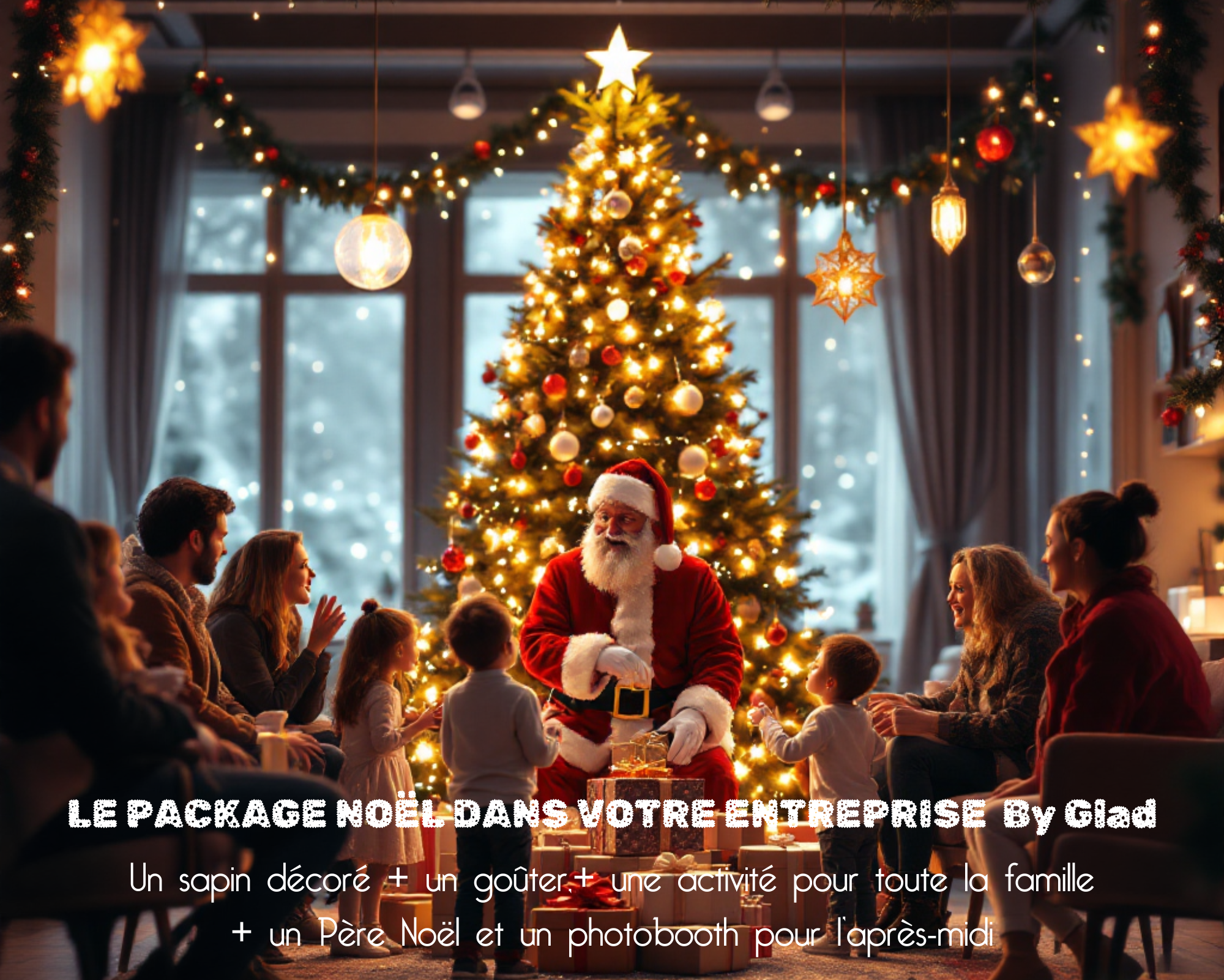 Affiche promotionnelle du package arbre de noël by Glad - Au centre on voit un grand sapin de noël illuminé avec une étoile brillante au sommet. devant l'arbre un père noël distribue des cadeaux à des enfants et les parents sont assis de chaque côtés du sapin en souriant