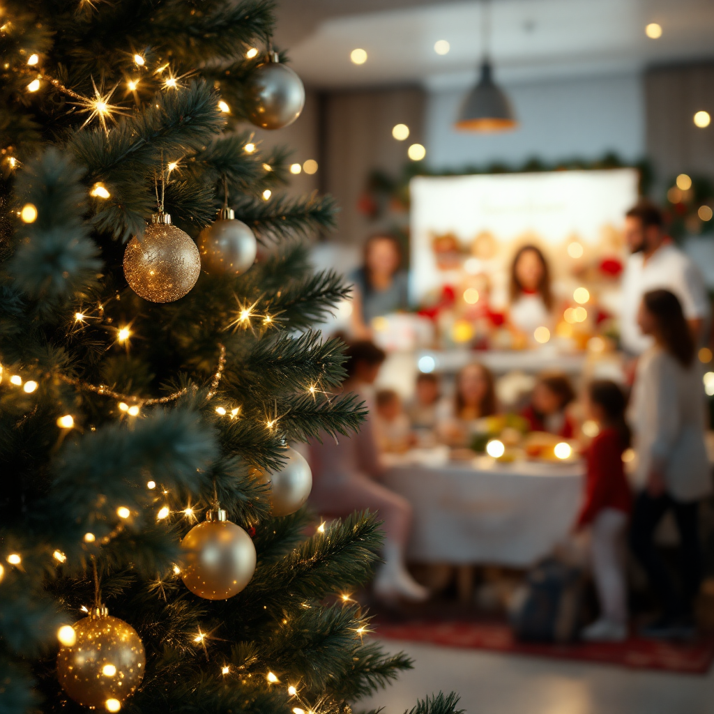 image d'un sapin de noël en premier plan sur la gauche et de personnes regroupées autour d'une table avec un goûter de noël en arrière plan flouté