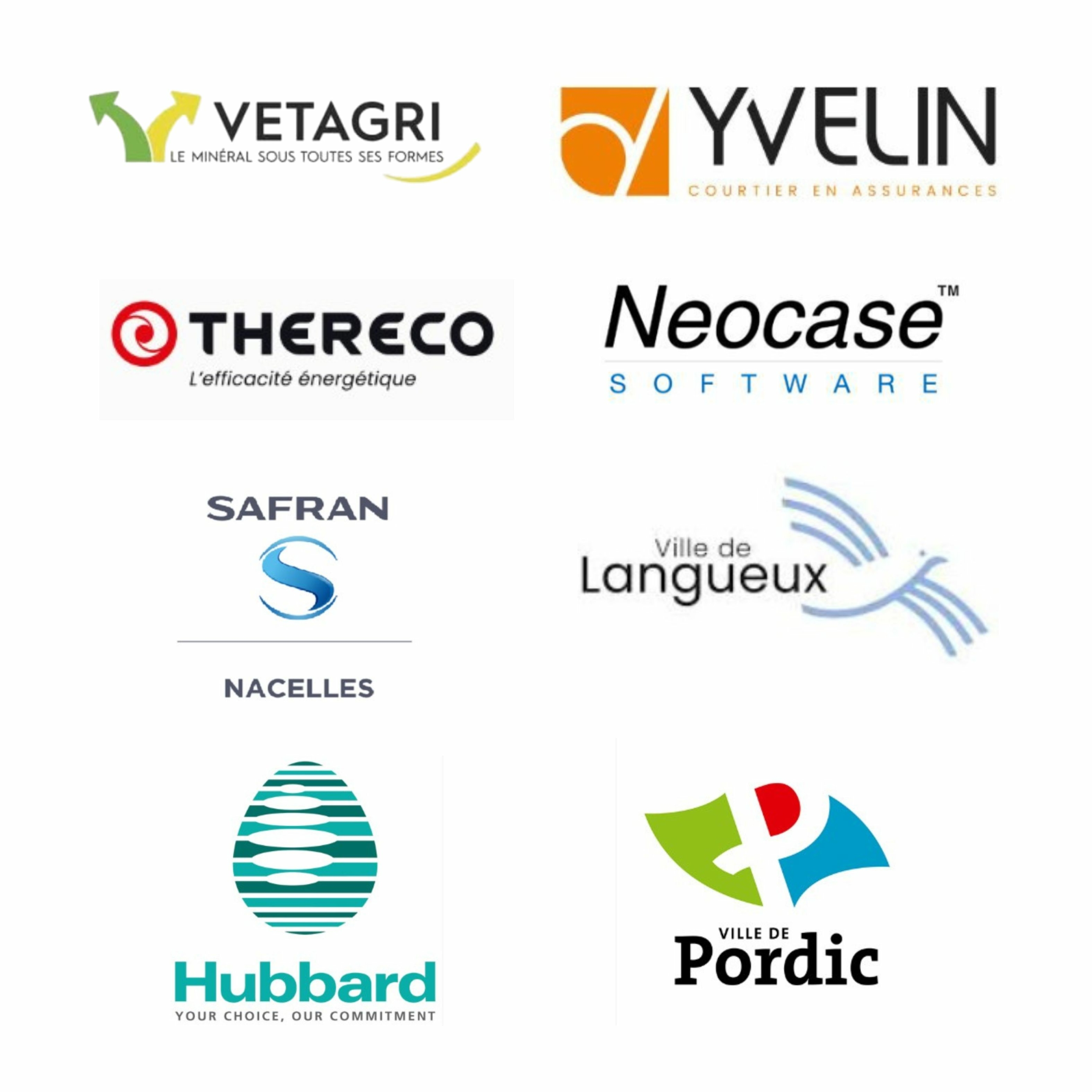 listes des logos des entreprises qui ont fait confiance à Glad events pour leur évènement : vetagri, Yvelin, Thereco, Neocas, Safran nacelle, ville de LAngueux, Hubbard et ville de Pordic