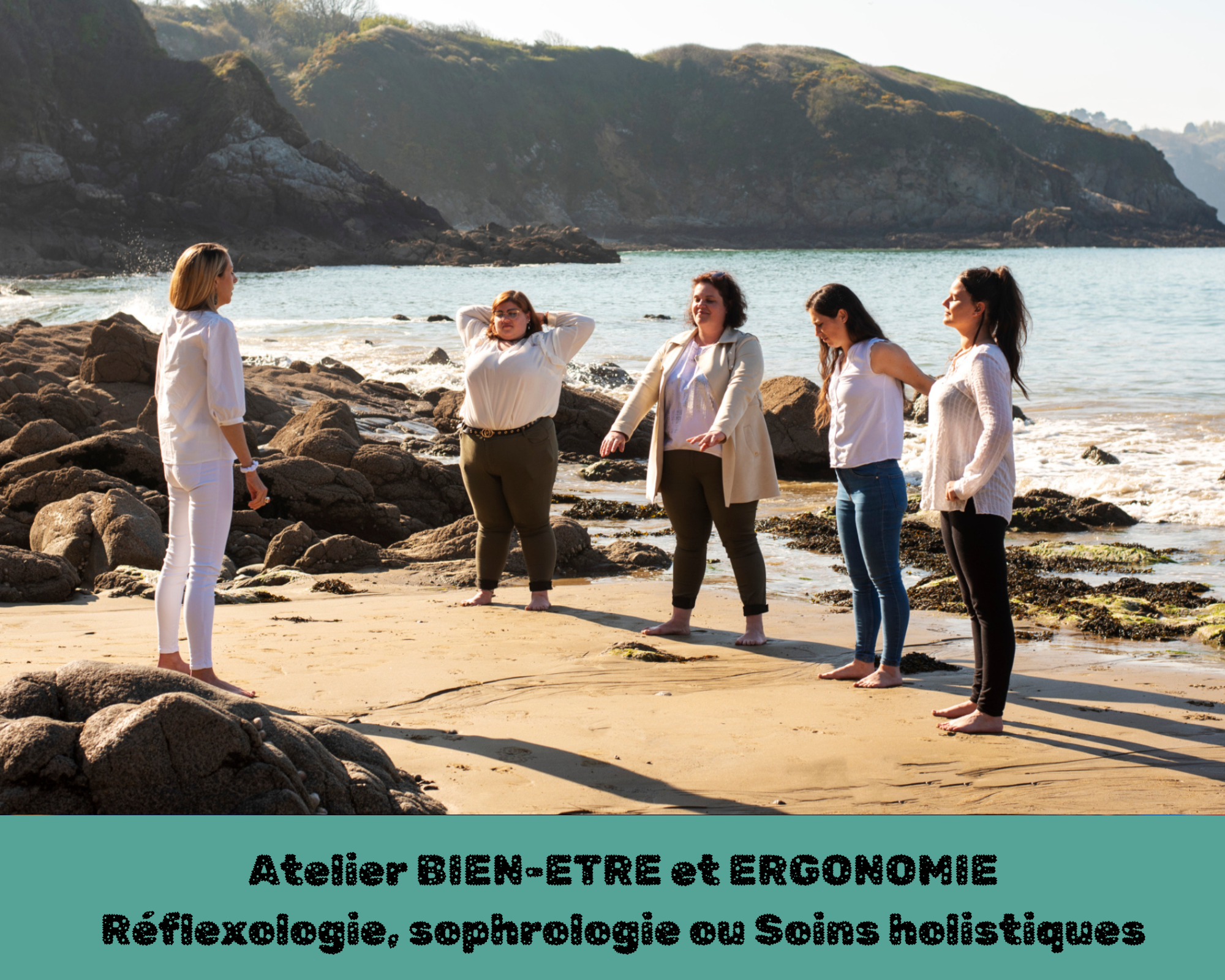 Ateliers bien-être et ergonomie par Glad events fiche du team building atelier bien-être et ergonomie par Glad events. L'image montre une séance de sophrologie sur la plage avec un groupe de femmes en Bretagne