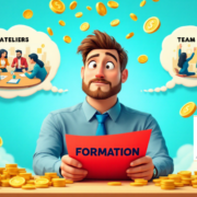 image BD d'un homme représentant un chef d'entreprise assis à son bureau, une feuille rouge entre les main avec l'inscription formation en gros. Des bulles bd nous informe qu'il réfléchit au team building ou aux conférences, alors que des pièces en or tombe du ciel