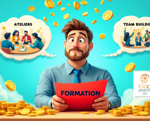 image BD d'un homme représentant un chef d'entreprise assis à son bureau, une feuille rouge entre les main avec l'inscription formation en gros. Des bulles bd nous informe qu'il réfléchit au team building ou aux conférences, alors que des pièces en or tombe du ciel
