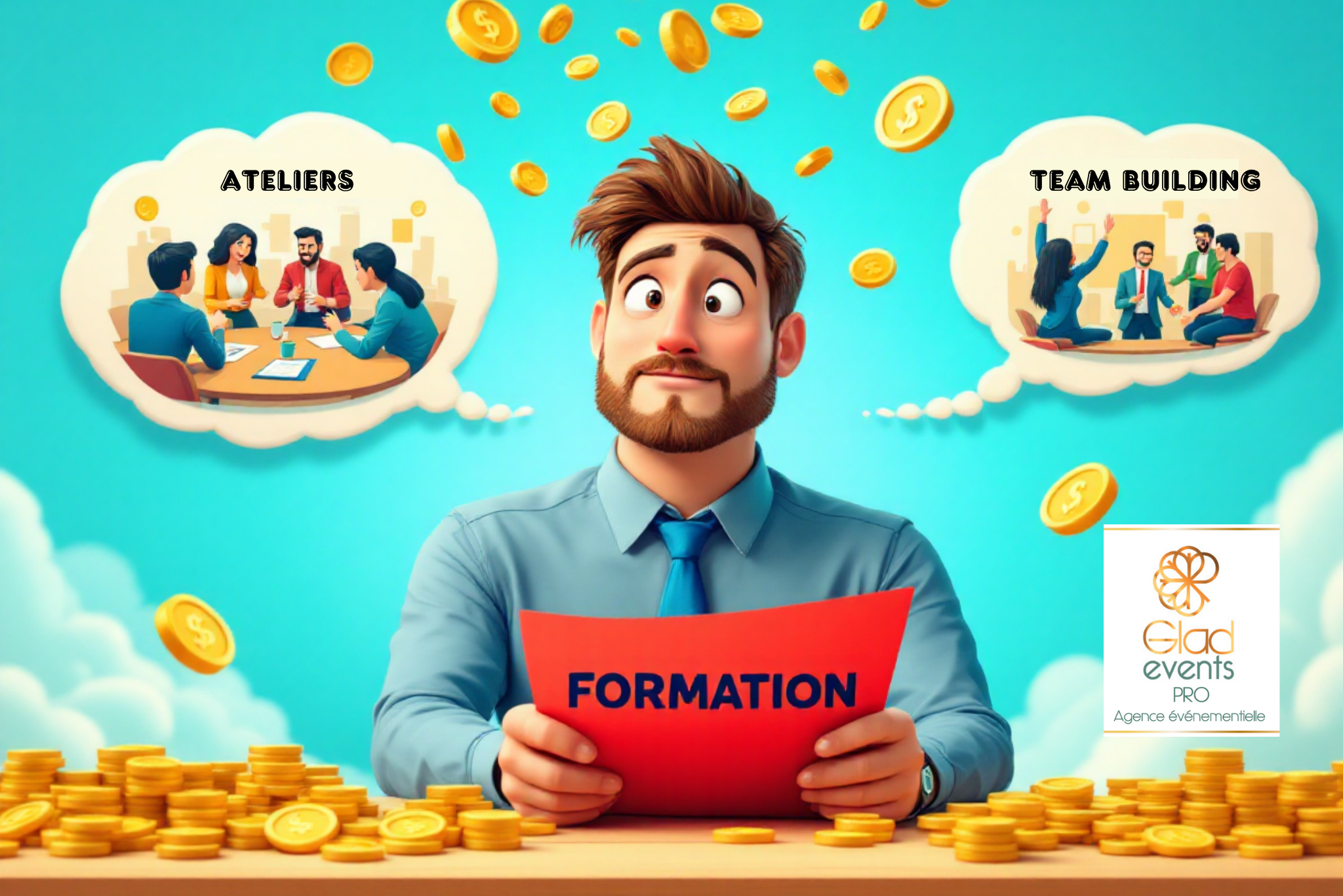 image BD d'un homme représentant un chef d'entreprise assis à son bureau, une feuille rouge entre les main avec l'inscription formation en gros. Des bulles bd nous informe qu'il réfléchit au team building ou aux conférences, alors que des pièces en or tombe du ciel