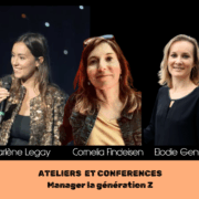 Affiche des conférencieres recommandées par Glad events, agence évenementielle en Bretagne pour le management de la géénration Z. Avec Elodir Gentina, Cornelia Findeisen et Marlène Legay
