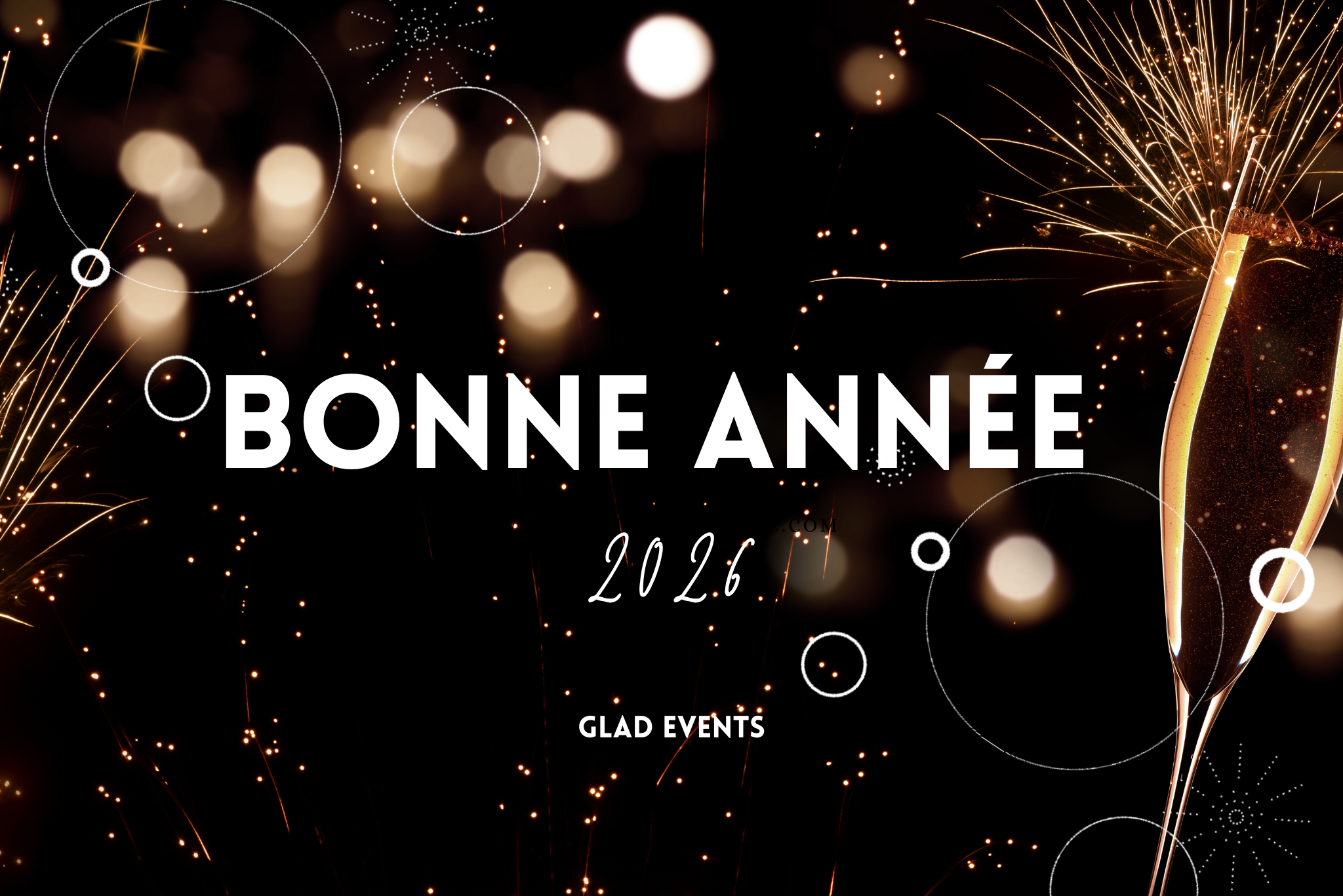 Bonne année 2026 par Glad events sur fond de nuit illuminée d'un feu d'artifice