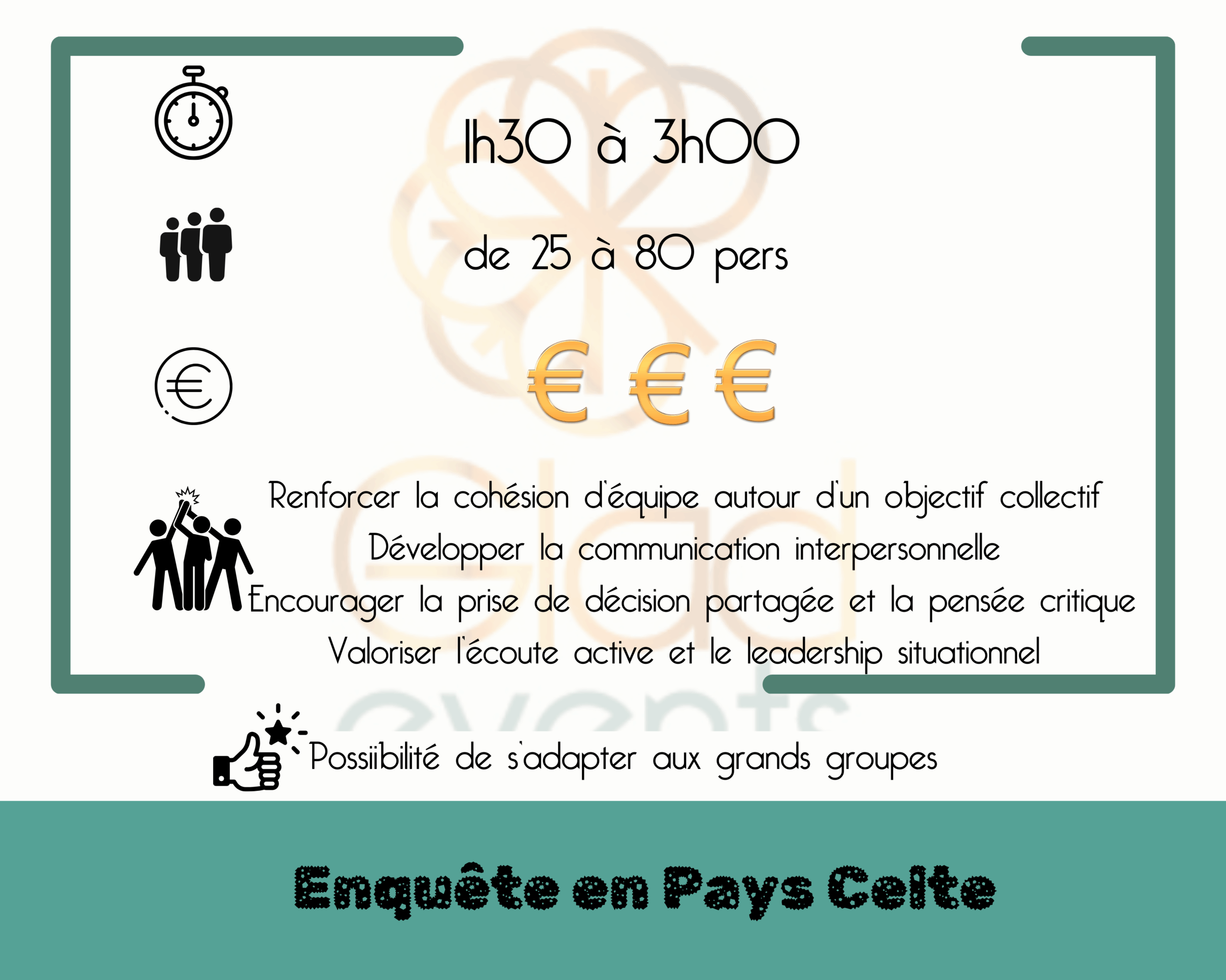 Fiche technique Enquête en Pays Celtes Fiche technique de Glad events concernant le team building enquête en Pays celte et ses avantages en cohésion, communication penséé critique et leadership e, Bretagne